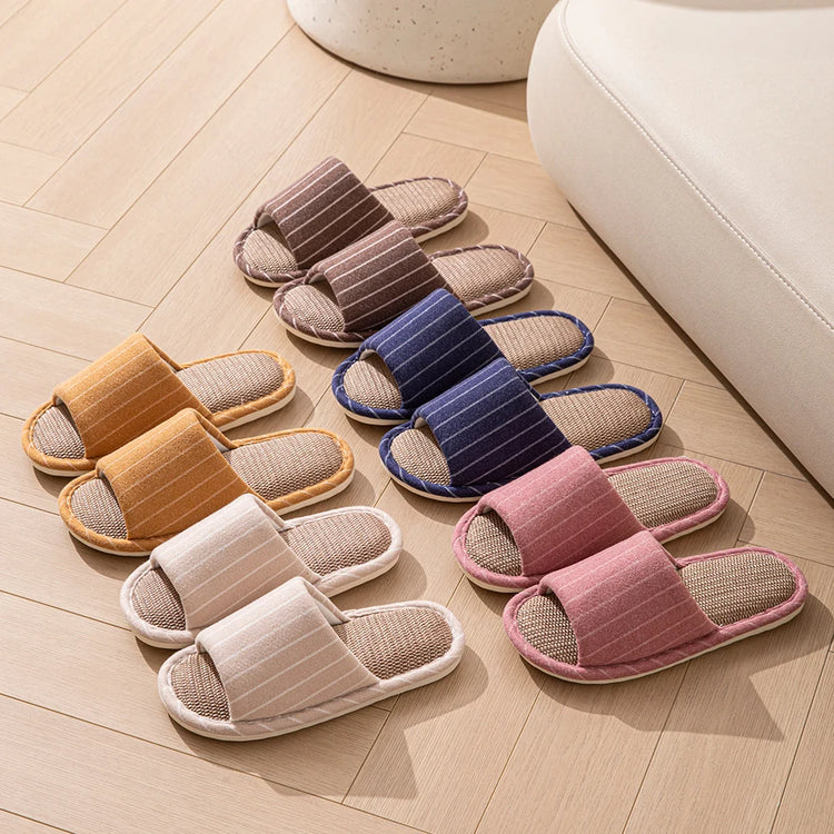 Pantofole da donna primavera e autunno moda striscia di lino per interni antiscivolo comode suola morbida coppia camera da letto scarpe basse causali