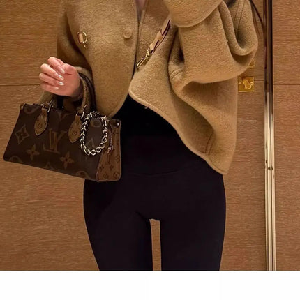 High-end Brown Short Woolen Coat for Women 2026 Autumn New Loose Silhouette Cloak Woolen Coat
