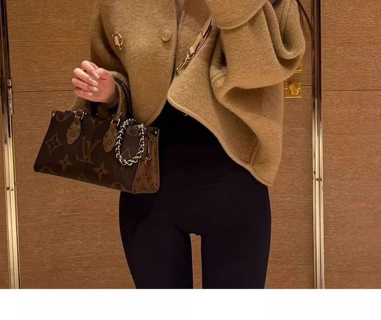 High-end Brown Short Woolen Coat for Women 2026 Autumn New Loose Silhouette Cloak Woolen Coat