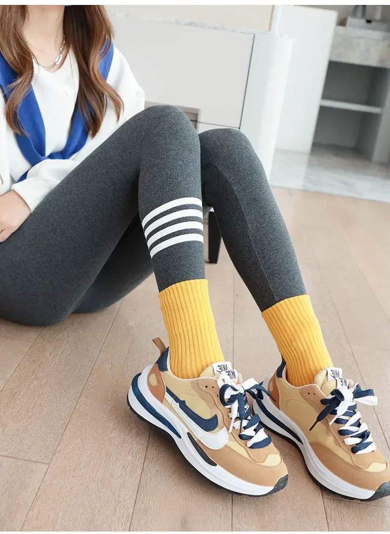 Autumn Winter Warm Thick Cotton Leggings for Women Fleece Lined Slim Fit Thermal Pants with Four Stripe Design