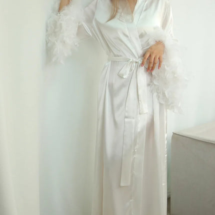 Piuma Blush Kimono Robe Boudoir Matrimonio Lunghezza pavimento Maxi Vestaglia Vestaglie Sposa per essere addio al nubilato Macchia Lingerie di seta
