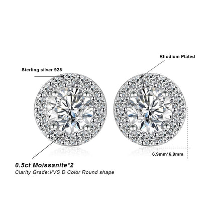 JewelryPalace Moissanite D Color Total 1ct Round 925 Sterling Silver Halo Stud Earrings for Woman Yellow Gold Rose Gold Plated PlatiNum