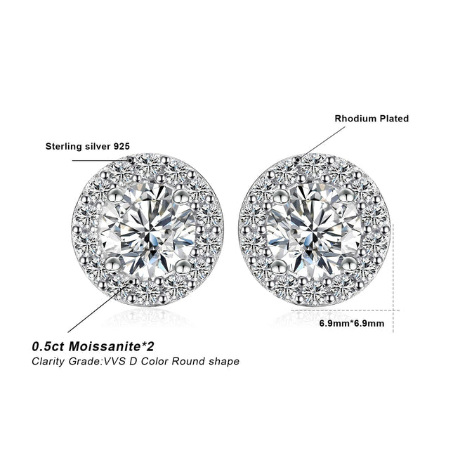 JewelryPalace Moissanite D Color Total 1ct Round 925 Sterling Silver Halo Stud Earrings for Woman Yellow Gold Rose Gold Plated PlatiNum