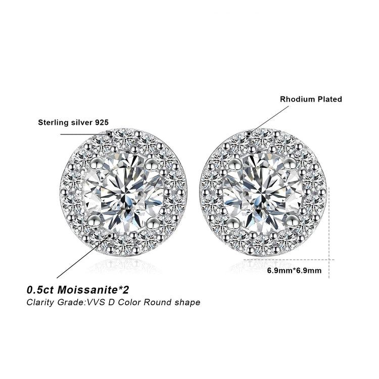 JewelryPalace Moissanite D Color Total 1ct Round 925 Sterling Silver Halo Stud Earrings for Woman Yellow Gold Rose Gold Plated PlatiNum