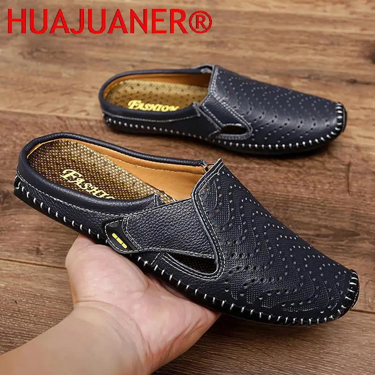 Nuove pantofole da uomo in vera pelle estate traspirante Casual muli mezze scarpe leggere per uomo mocassini da guida antiscivolo all'aperto uomo