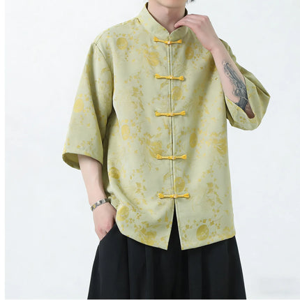 Camicie Estive da Uomo in Stile Cinese Tradizionale, Camicia Casual Kung Fu Tai Chi, Camicia di Lusso Jacquard Traspirante a Maniche Corte