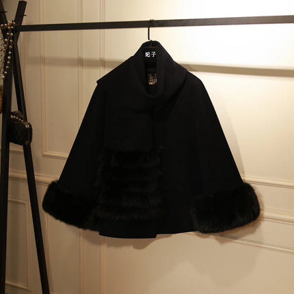 French Elegant Fashion Socialite Fur Patchwork Short Cape Coats for Women Autumn Loose Versatile Wool Cloak Jackets with Scarf