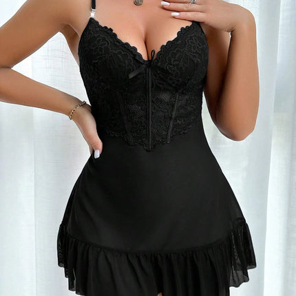 Set di lingerie sexy da donna con camicia da notte in pizzo con scollo a V e vestaglia in rete trasparente, abbigliamento da notte casual da donna
