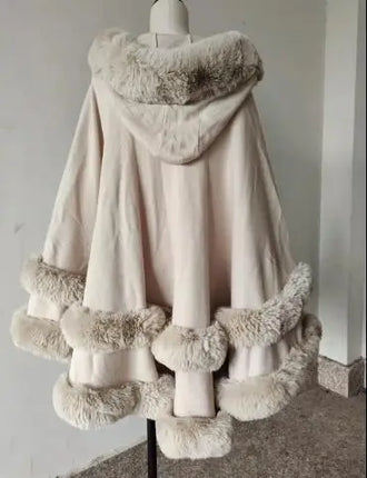 7 Colors Winter Shawl Warm Thick Cappa Coat Two Circle Faux Fox Fur Loose Poncho Cloak With Hat Women Big Pendulum Cardigan Cape