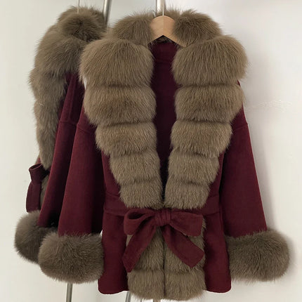 Real Fur Wool Jacket Fashion Reality Fur Jacket Women Natural Fox Fur Cuffs Winter Clothing Female Elegant with Belt Woolen Coat