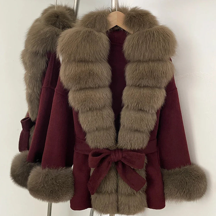 Real Fur Wool Jacket Fashion Reality Fur Jacket Women Natural Fox Fur Cuffs Winter Clothing Female Elegant with Belt Woolen Coat