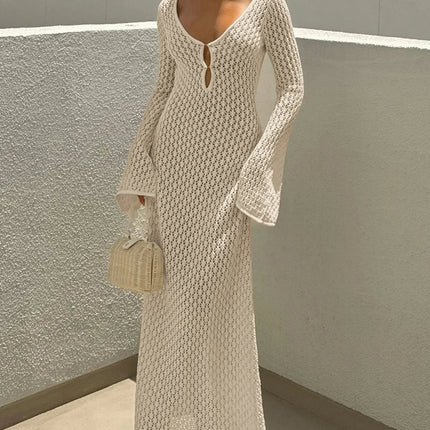Nuovo stile lavorato a maglia scava fuori scollo a V abito a maniche lunghe da donna vacanza al mare bikini senza schienale copricostume protezione solare abito lungo platinumshop
