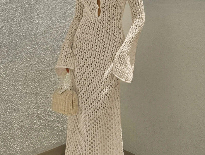 Nuovo stile lavorato a maglia scava fuori scollo a V abito a maniche lunghe da donna vacanza al mare bikini senza schienale copricostume protezione solare abito lungo platinumshop