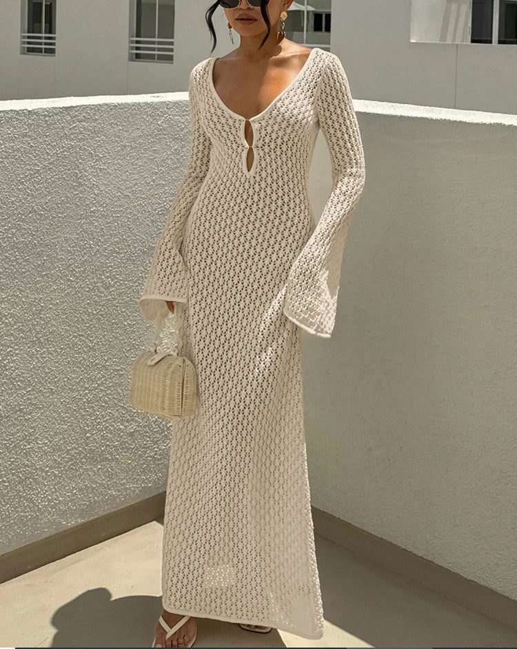 Nuovo stile lavorato a maglia scava fuori scollo a V abito a maniche lunghe da donna vacanza al mare bikini senza schienale copricostume protezione solare abito lungo platinumshop