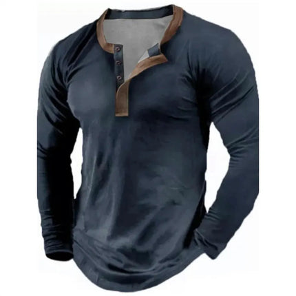 Spring Autumn Solid Color Henley Shirts 3D Printed Men's Fashion Vintage Button-Down Long Sleeve T Shirts Men's Tees Top Apparel