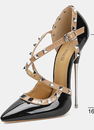 Sandali con tacco alto da donna con cinturino incrociato con rivetti Scarpe singole sexy con punta a punta per discoteca Modello di ospite di festa Passerella Cross Dressing platinumshop