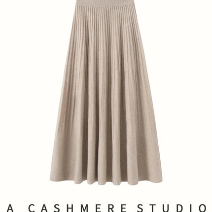 New Arrivals Women Cashmere A-line Skirt Elastic Waist Pleated Skirt 100% Cashmere Knitted Autumn Winter Thin Office Lady Dress PlatiNum