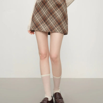 FSLE Autumn Party Skirt High Waist Retro Plaid Knit WoolShort Skirt For Women 2025 Fall Winter New Arrival Y2K Mini A-line Skirt PlatiNum