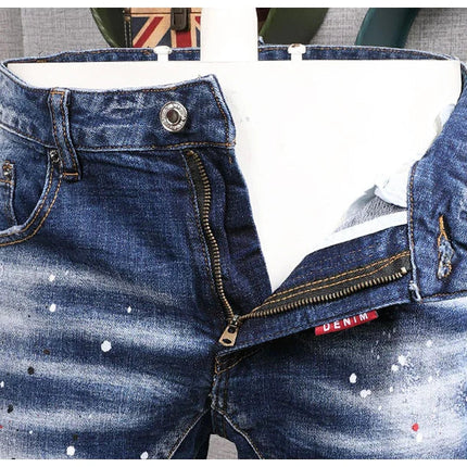 Fashion Streetwear Men Jeans Retro Black Blue Elastic Slim Fit Ripped Jeans Men Spliced Designer Embroidery Hip Hop Denim Pants PlatiNum