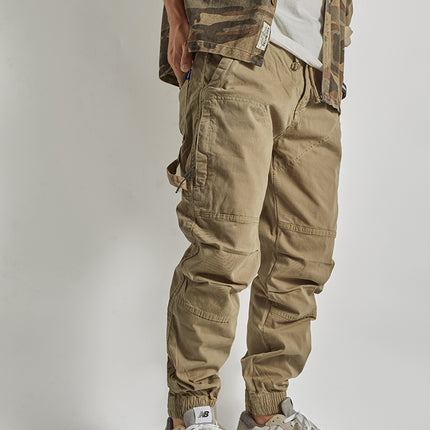 Autumn New American Retro Woven Cargo Pants Men's 97.5% Cotton Washed Elastic Waist Drawstring Loose Casual Anke-tied Trousers