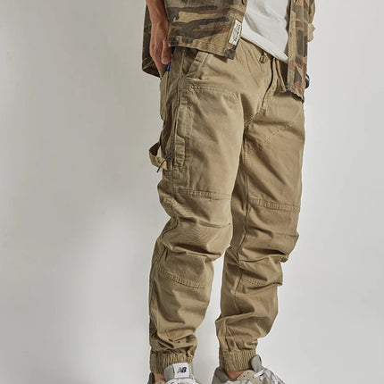 Autumn New American Retro Woven Cargo Pants Men's 97.5% Cotton Washed Elastic Waist Drawstring Loose Casual Anke-tied Trousers