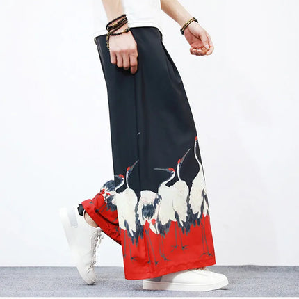 Nuovi Pantaloni da Uomo con Stampa Tradizionale a Gru, Stile Cinese Vintage, Pantaloni Harem Estivi, Pantaloni Larghi Hanfu Oversize da Uomo