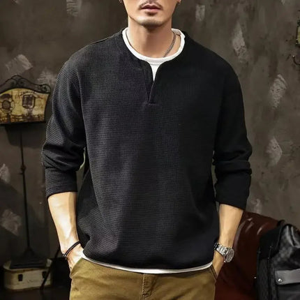 Spring and Autumn New Men Henley neck T Shirt Long Sleeve Casual  Solid color T-Shirt Fashion Waffle Fake two-piece Sweatshirts PlatiNum