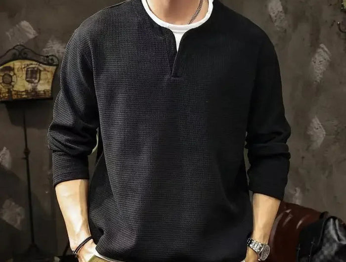 Spring and Autumn New Men Henley neck T Shirt Long Sleeve Casual  Solid color T-Shirt Fashion Waffle Fake two-piece Sweatshirts PlatiNum