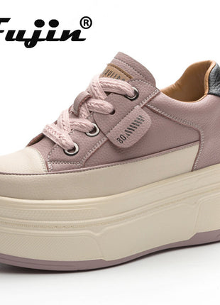 Fujin 9cm 3 inch comfortable platform sneakers for women Genuine Leather Women Vulcanized Shoes Platform High Heels Casual Shoes PlatiNum