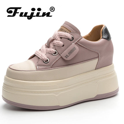 Fujin 9cm 3 inch comfortable platform sneakers for women Genuine Leather Women Vulcanized Shoes Platform High Heels Casual Shoes PlatiNum