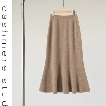 Autumn Winter Women New 100% Cashmere Fishtail Skirt  Mid Length Slimming High Waisted Knitted Umbrella Skirt Elegant Dress PlatiNum