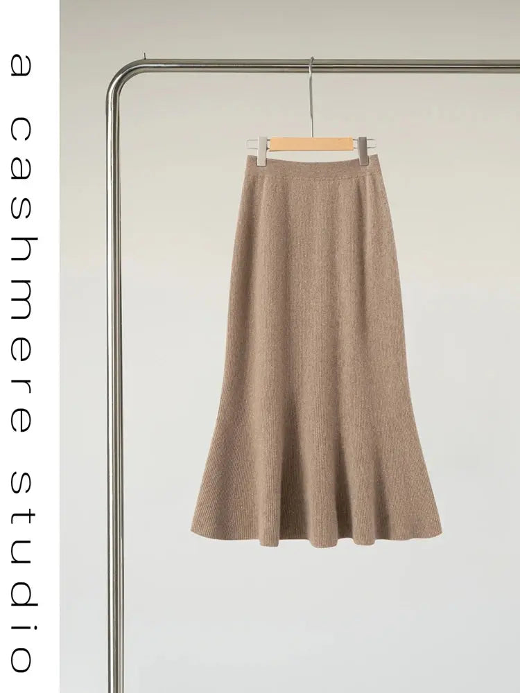 Autumn Winter Women New 100% Cashmere Fishtail Skirt  Mid Length Slimming High Waisted Knitted Umbrella Skirt Elegant Dress PlatiNum