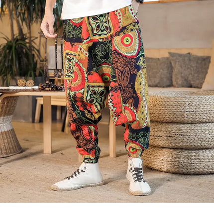 Pantaloni Harem da Uomo 2026 Stile Retrò con Stampa, Pantaloni Jogger Larghi e Comodi con Cavallo Ribassato, Stile Nepal Oversize, Pantaloni Casual da Uomo con Cavallo Ribassato