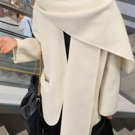 Scarf Collar 100%Wool Coat Women, Korean Fashion Elegant Outerwear, Loose Autumn Winter Jacket