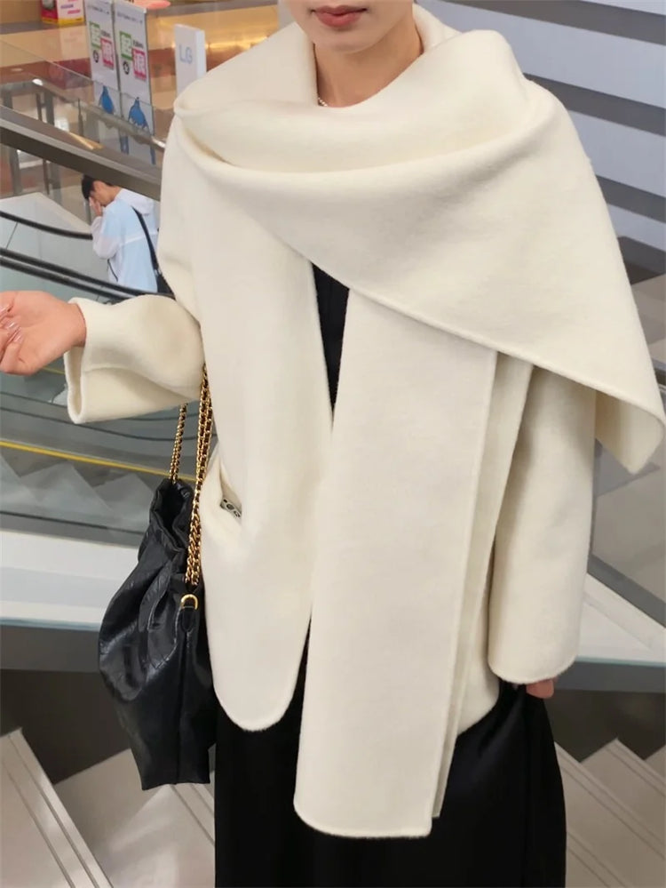 Scarf Collar 100%Wool Coat Women, Korean Fashion Elegant Outerwear, Loose Autumn Winter Jacket