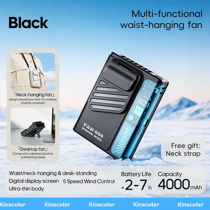 Nuovo Ventilatore Portatile da Cintura per Esterni 4000mAh USB, Mini Ventilatore Multifunzione con 5 Velocità e Display Digitale, Ricaricabile