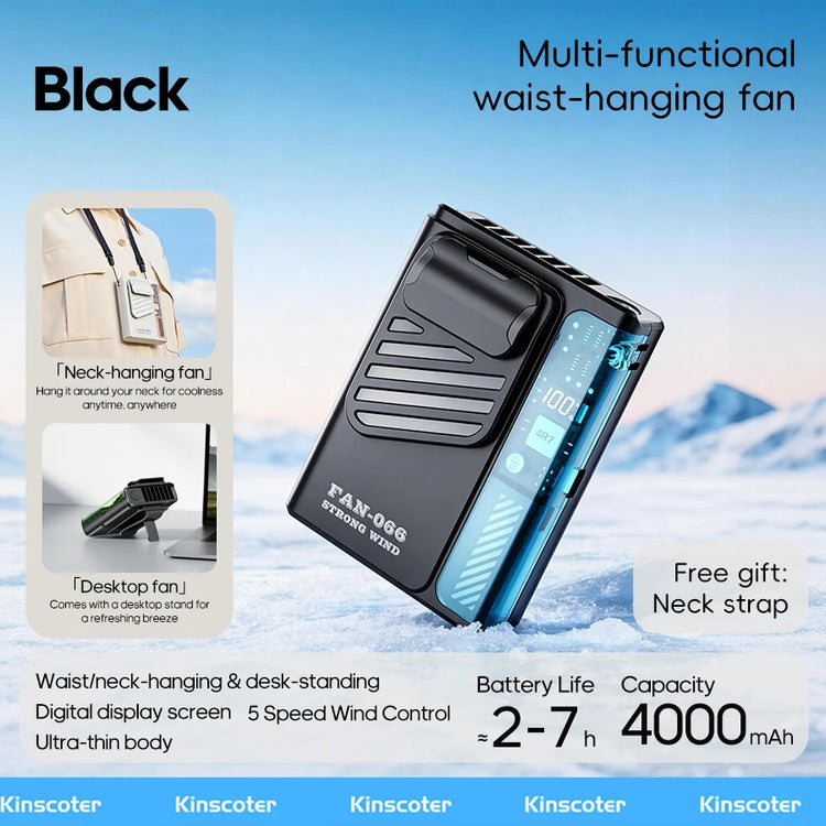 Nuovo Ventilatore Portatile da Cintura per Esterni 4000mAh USB, Mini Ventilatore Multifunzione con 5 Velocità e Display Digitale, Ricaricabile