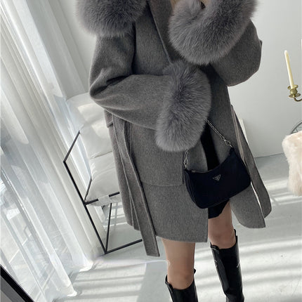 2024 New Oversize Ladies Outerwear Real Fur Coat Winter Jacket Women Natural Fox Fur Collar Cuffs Hood Cashmere Wool Woolen
