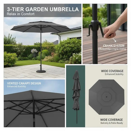 Ombrellone da Giardino a 3 Livelli Ventilato 300cm, con Sistema di Inclinazione a Pulsante e Manovella, Palo in Metallo Robusto, Ombrellone da Spiaggia e Giardino