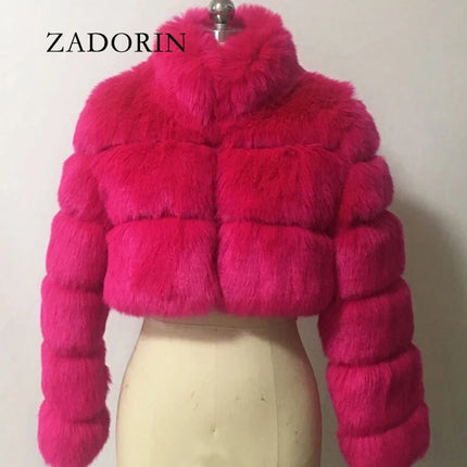 ZADORIN Fashion Cropped Faux Fur Coat Woman Warm Stand Fur Collar Slim Fluffy Fur Jacket Woman Tops Winter Fur Coats Streetwear