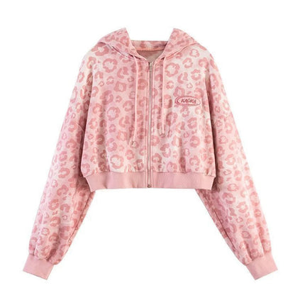 Cool Pink Leopard Print Hoodie Sweatshirt Women Spring Autumn Punk Hoodies Tops Females Outwear Clothes Zip Up Crop Tops Girl