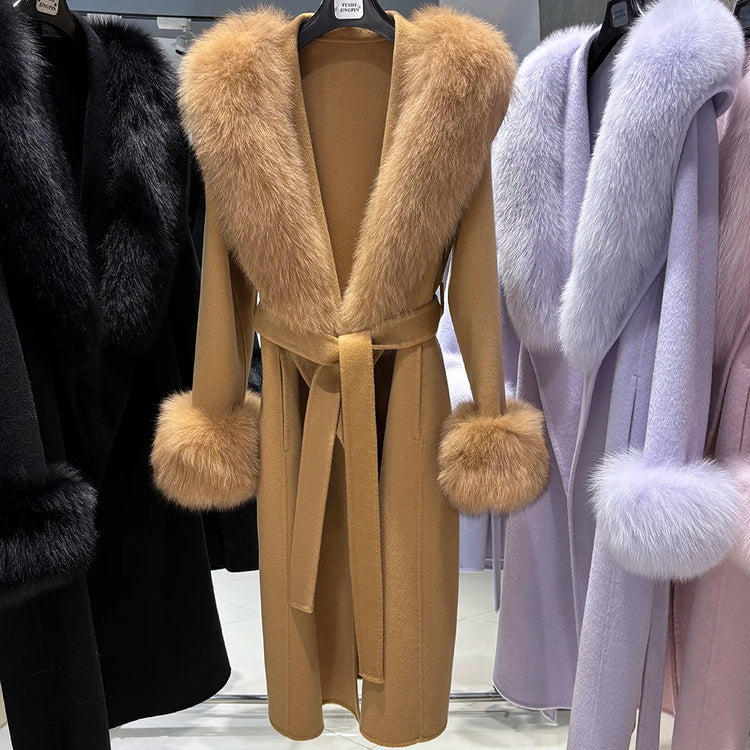 YOLOAgain Women's 100% Wool Coat Long With Detachable Real Fox Fur Collar 2025 Autumn Elegant Double-Sided Wool Coat
