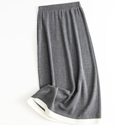 SuyaDream, Women Long Skirt, 32.4%Sheep Wool, Solid Woolen Knitted Skirts, 2024 Autumn Winter Warm Under Dress, Grey, Khaki PlatiNum