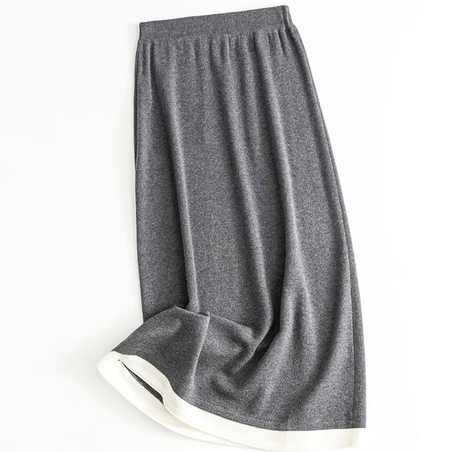 SuyaDream, Women Long Skirt, 32.4%Sheep Wool, Solid Woolen Knitted Skirts, 2024 Autumn Winter Warm Under Dress, Grey, Khaki PlatiNum