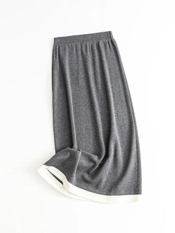 SuyaDream, Women Long Skirt, 32.4%Sheep Wool, Solid Woolen Knitted Skirts, 2024 Autumn Winter Warm Under Dress, Grey, Khaki PlatiNum
