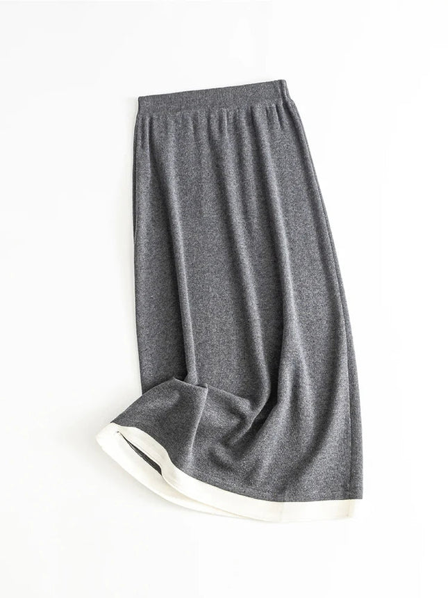 SuyaDream, Women Long Skirt, 32.4%Sheep Wool, Solid Woolen Knitted Skirts, 2024 Autumn Winter Warm Under Dress, Grey, Khaki PlatiNum