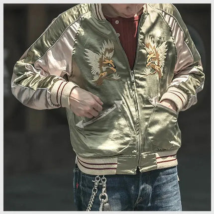 Non Stock Men's Yokosuka Baseball Jacket Dragon Tiger Falcon Embroidered Short Jacket PlatiNum