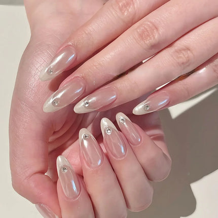 10Pcs Nude Color Handmade Press on Nails Full Cover Gradual Change Crystal Clear French Almond False Nails Manicure Nail Tips