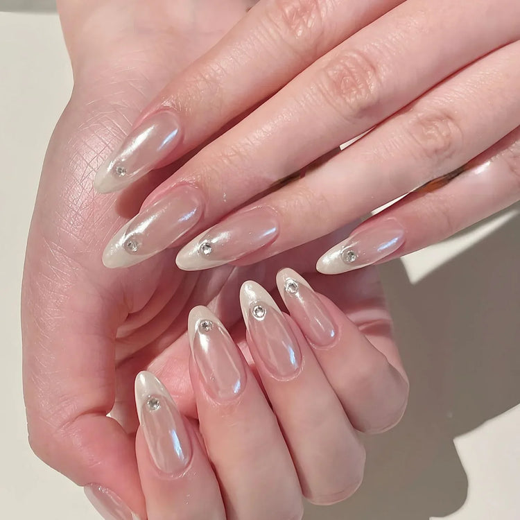 10Pcs Nude Color Handmade Press on Nails Full Cover Gradual Change Crystal Clear French Almond False Nails Manicure Nail Tips