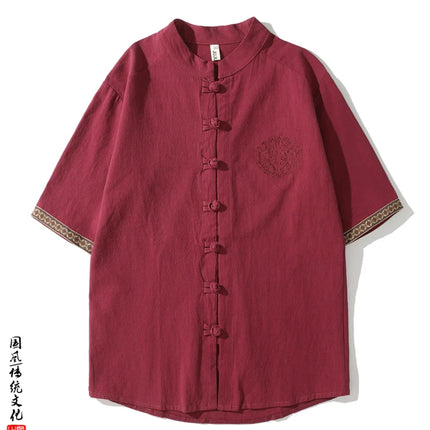 Camicie da Uomo Ricamate in Stile Cinese Retrò, Traspiranti in Lino, Comode, Casual Kung Fu, Abito Tang con Colletto Rialzato